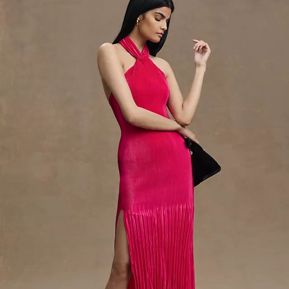 Anthropologie L’IDEÉ Soirée pleaded halter neck side slit dress 👗 - Picture 2 of 9
